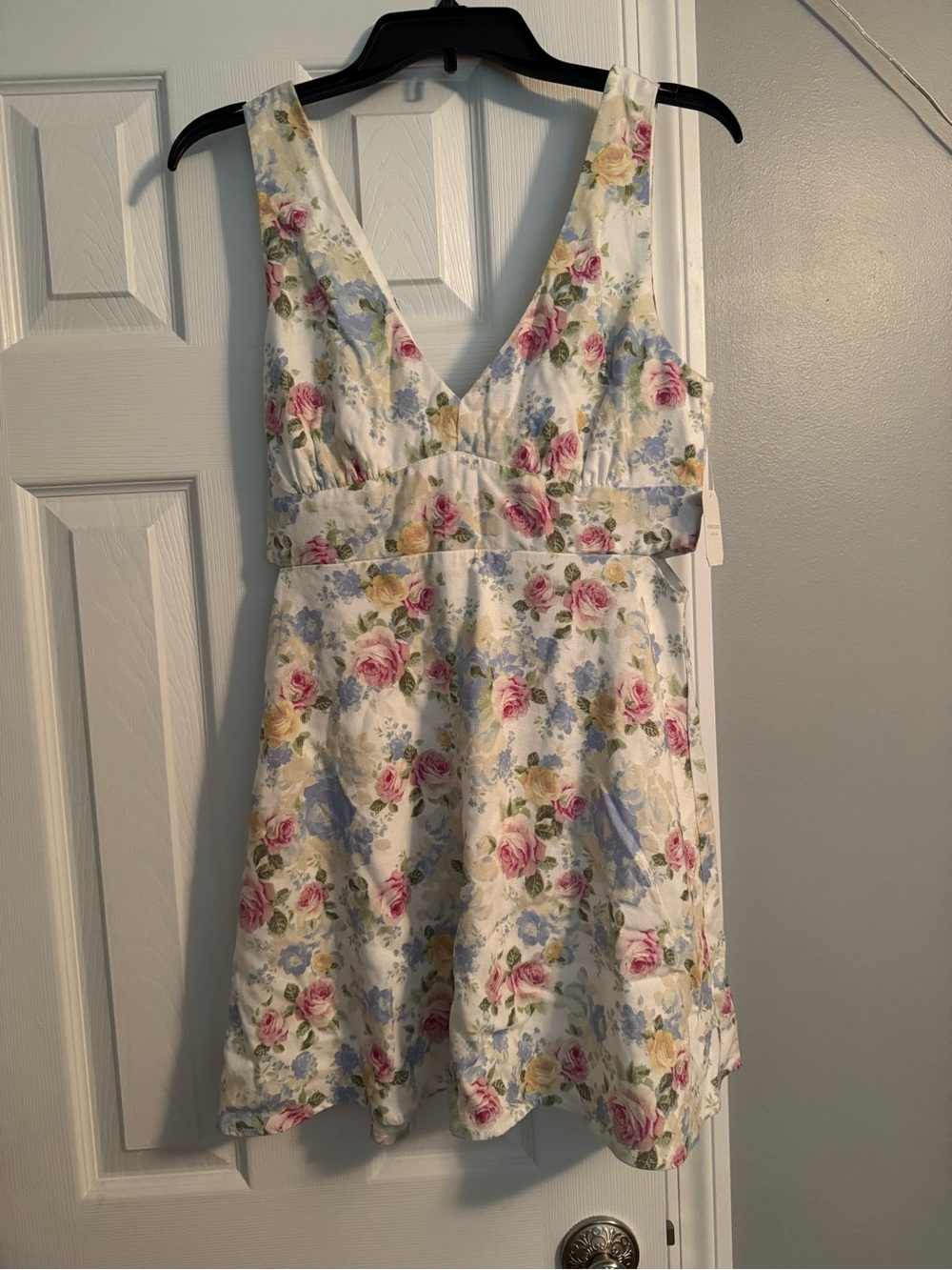 NWT Altar'd State White Floral V-Neck Mini Dress with Pink, Blue & Yellow Blooms